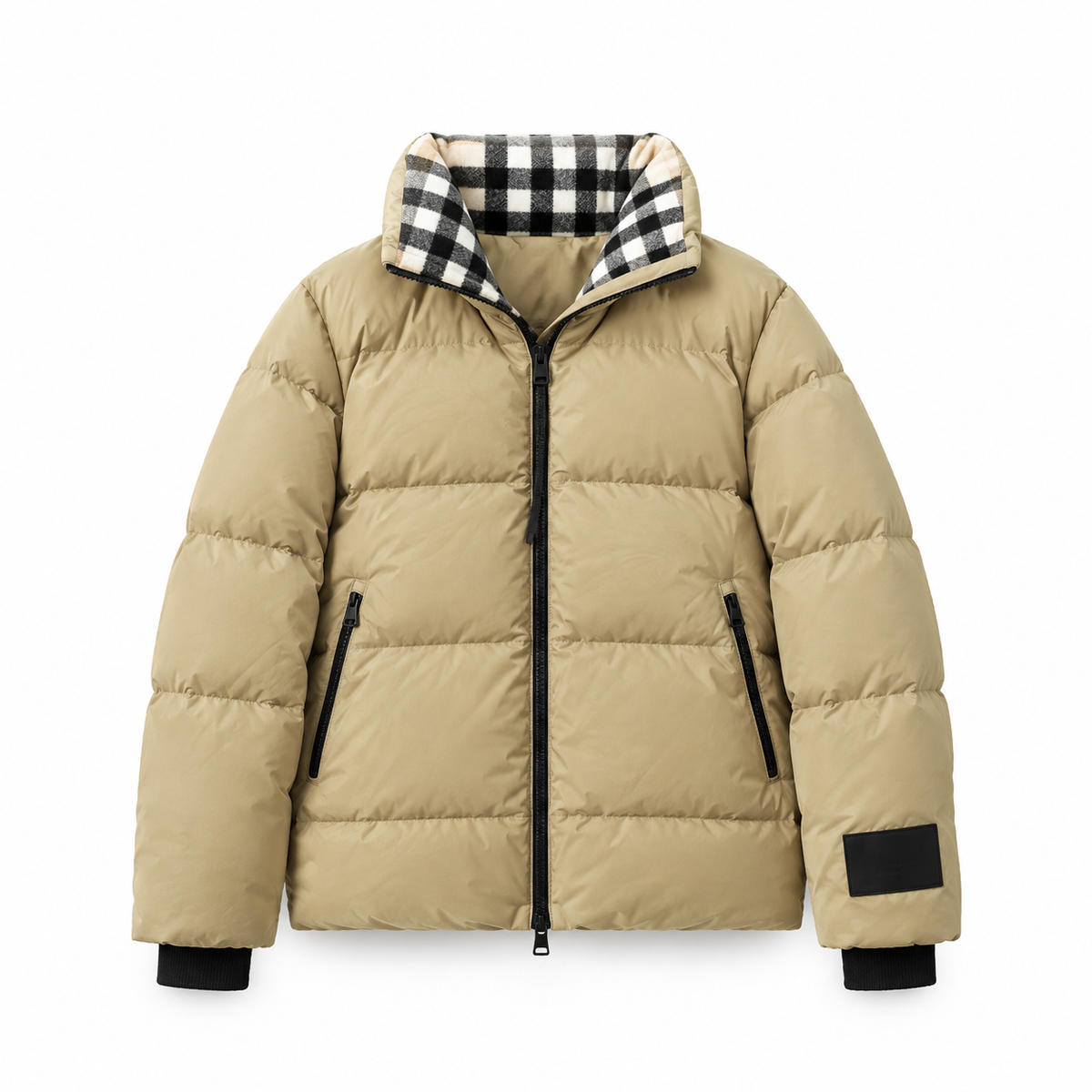 Doudoune matelassée beige à col à carreaux